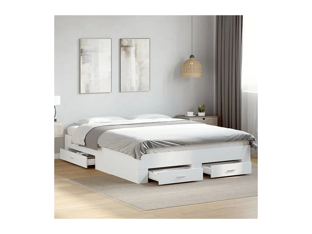 Lit double avec tiroirs blanc 140x200 cm bois d'ingénierie FR79488