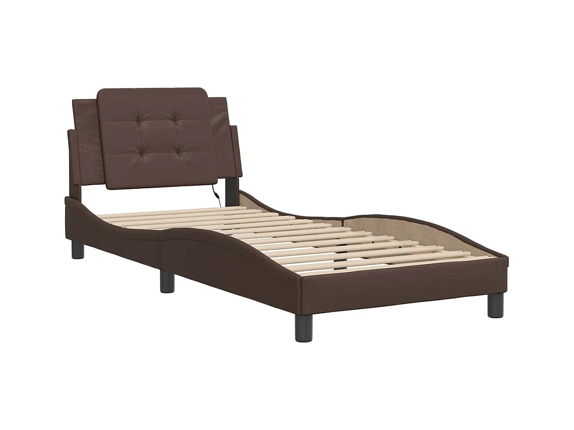 Cama c/ luzes LED 100x200cm couro artificial castanho PT157252