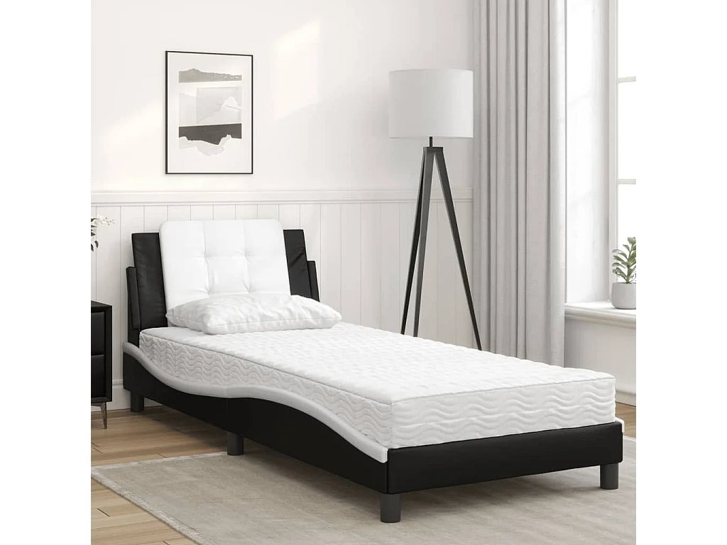 Lit adulte + matelas noir et blanc 100x200 cm similicuir FR73008