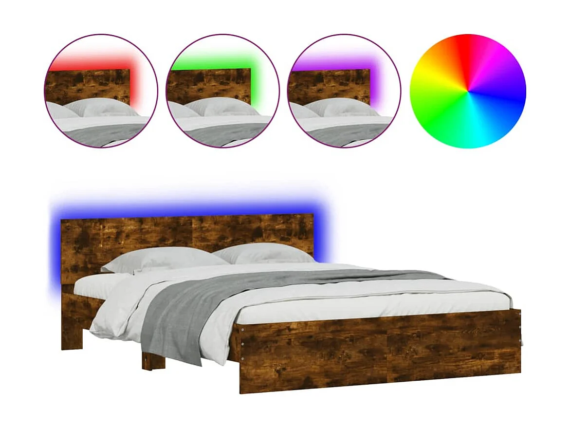 Lit double + tête de lit et LED chêne fumé 160x200 cm FR72543