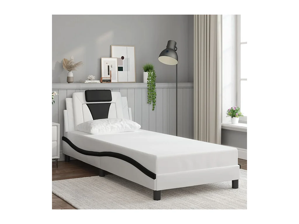 Lit simple + tête de lit blanc et noir 90x200cm similicuir FR76222