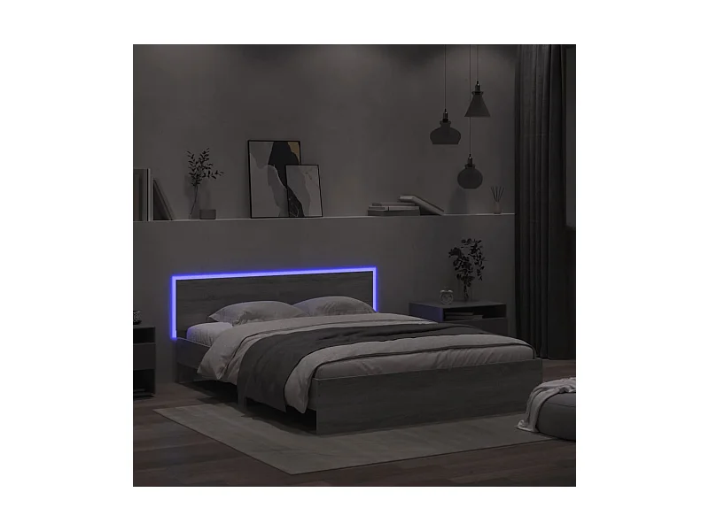 Lit double + tête de lit et LED sonoma gris 160x200 cm FR87565