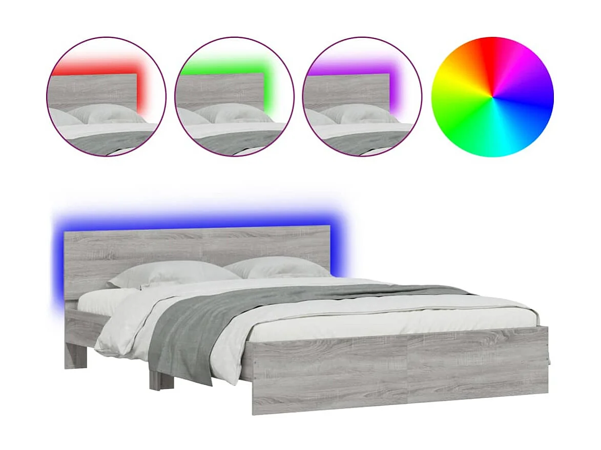 Lit double + tête de lit et LED sonoma gris 160x200 cm FR87565