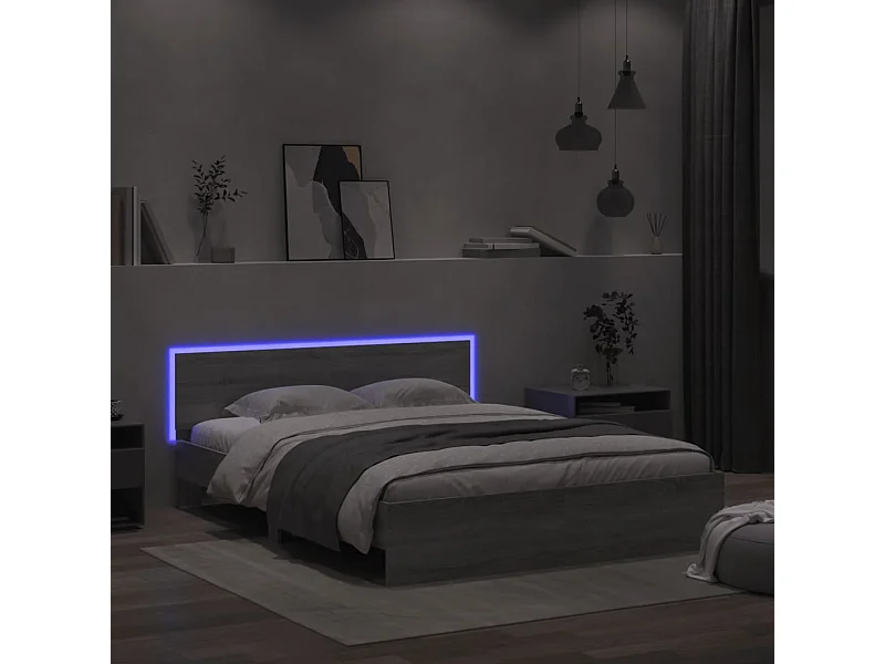Cama c/ cabeceira/luzes LED 160x200cm cinzento sonoma PT518053