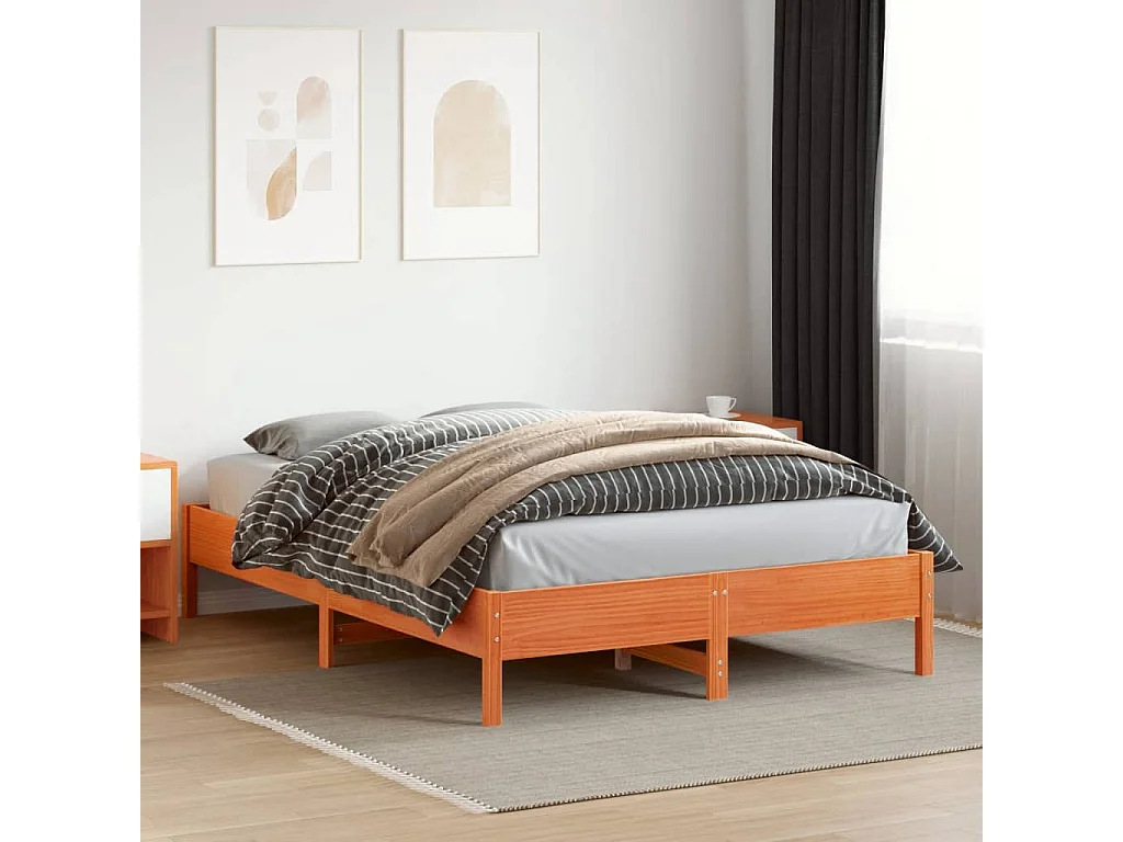 Lit double cire marron 140x200 cm bois de pin massif FR94799