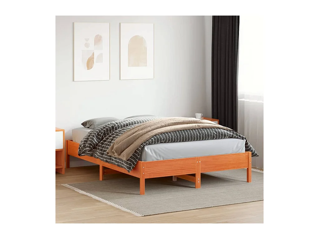 Lit double cire marron 140x200 cm bois de pin massif FR94799
