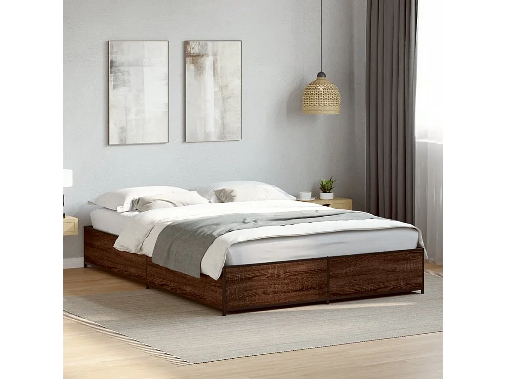 Lit double chêne marron 150x200 cm bois d'ingénierie et métal FR33674