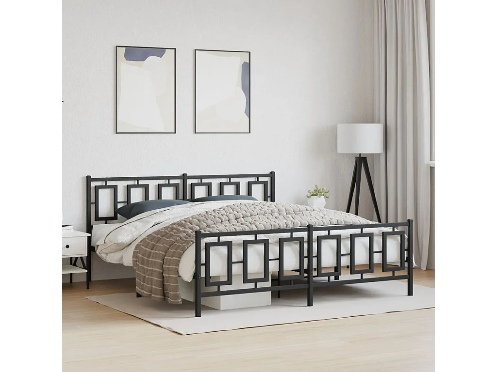 Lit double métal + tête de lit/pied de lit noir 183x213 cm FR57798