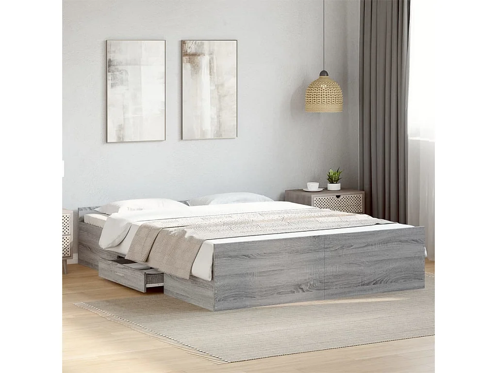 Cama 150x200 cm con cajones madera ingeniería gris Sonoma ES201136