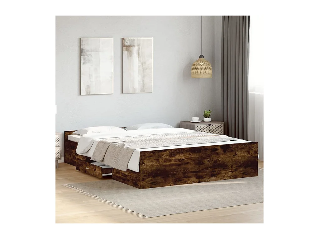 Lit double et tiroirs chêne fumé 150x200 cm bois d'ingénierie FR77281