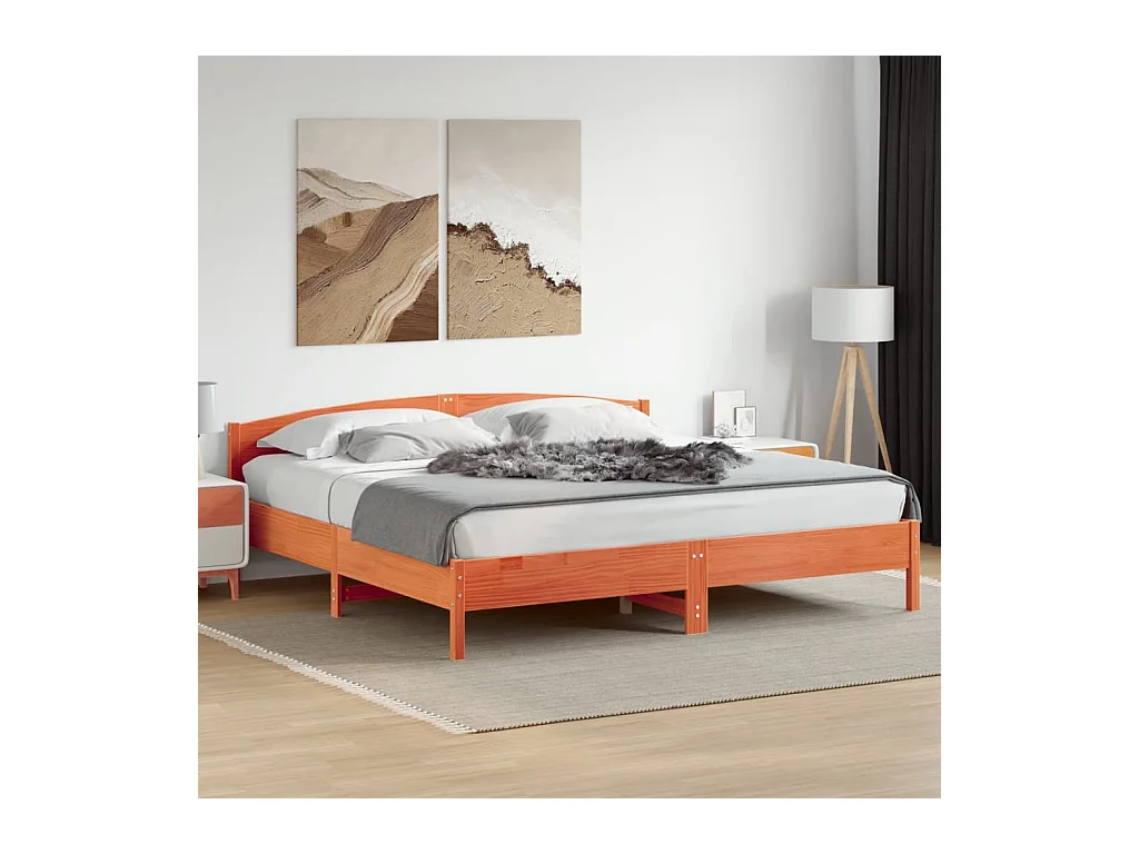 Lit double et tête de lit cire marron 180x200 cm bois de pin FR42928