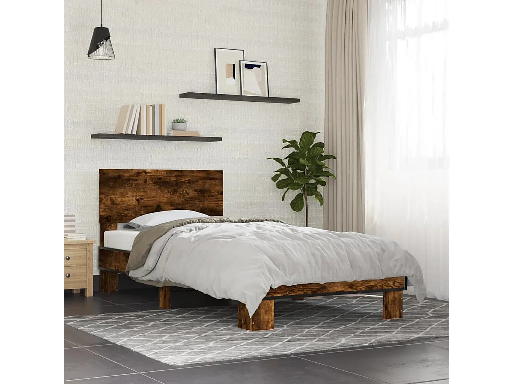 Bedframe bewerkt hout en metaal gerookt eikenkleurig 75x190 cm BE416653
