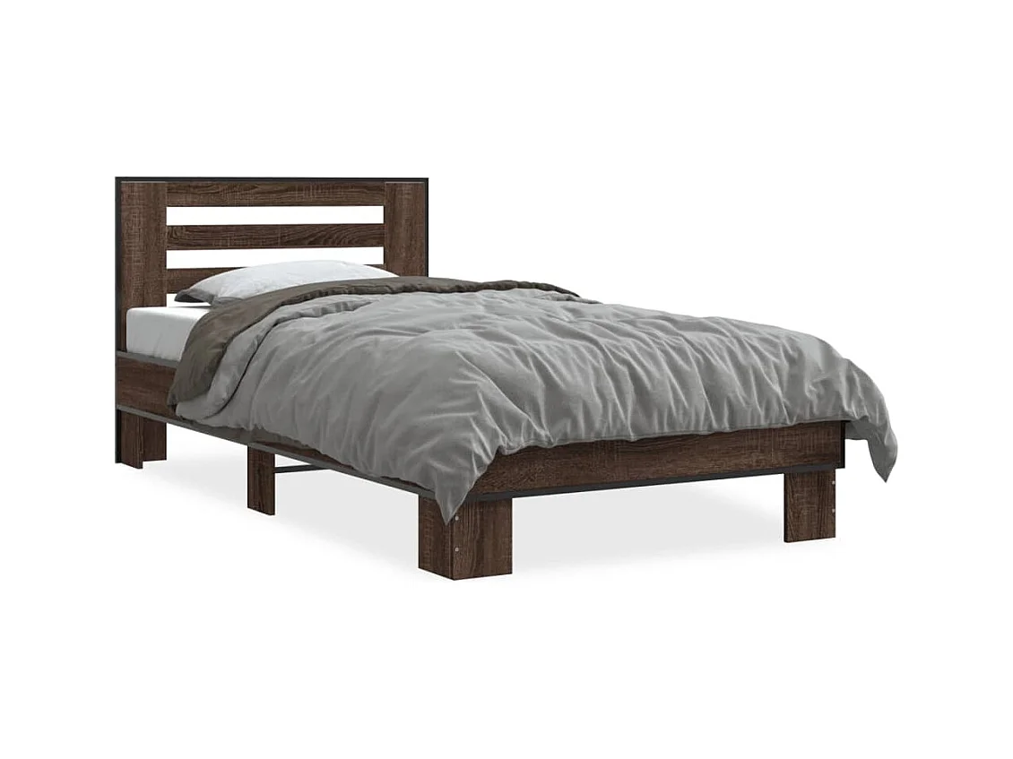Lit simple chêne marron 90x200 cm bois d'ingénierie et métal FR33291