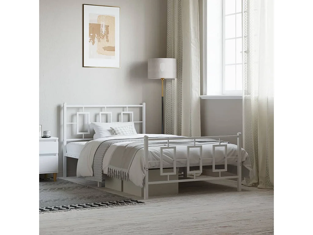 Lit simple métal + tête de lit/pied de lit blanc 107x203cm FR36167