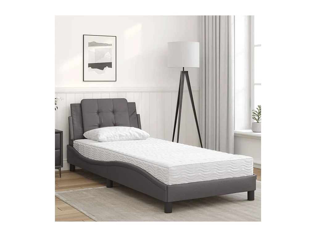 Lit adulte + matelas gris 90x200 cm similicuir FR44564