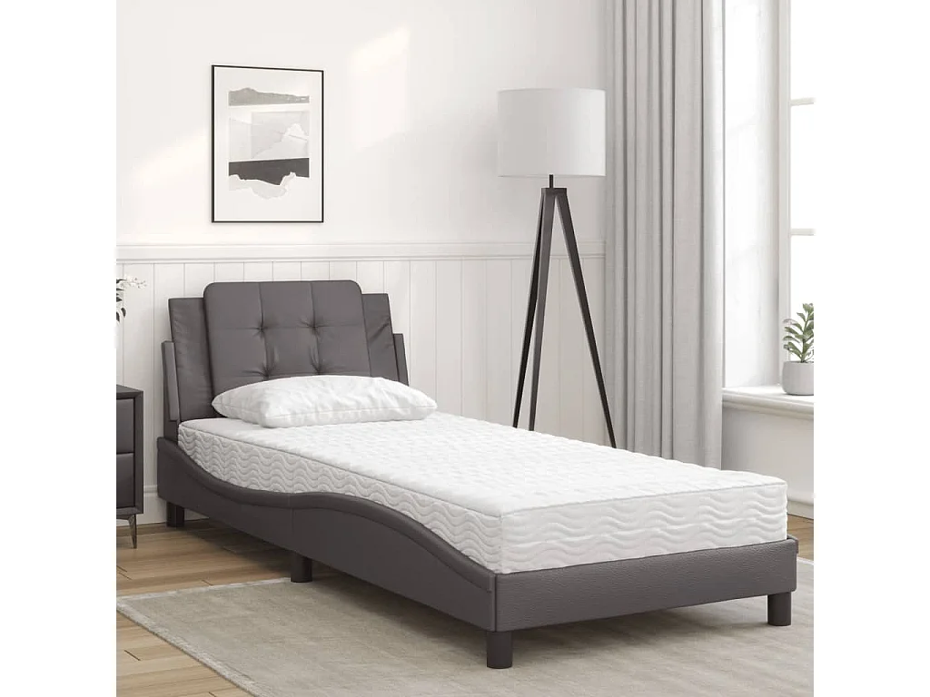 Lit adulte + matelas gris 90x200 cm similicuir FR44564