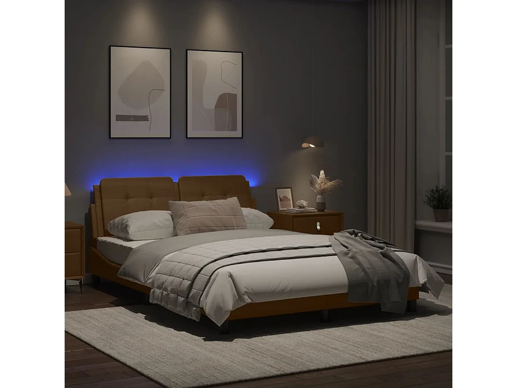 Cama c/ luzes LED 140x190 cm couro artif. cappuccino PT677842