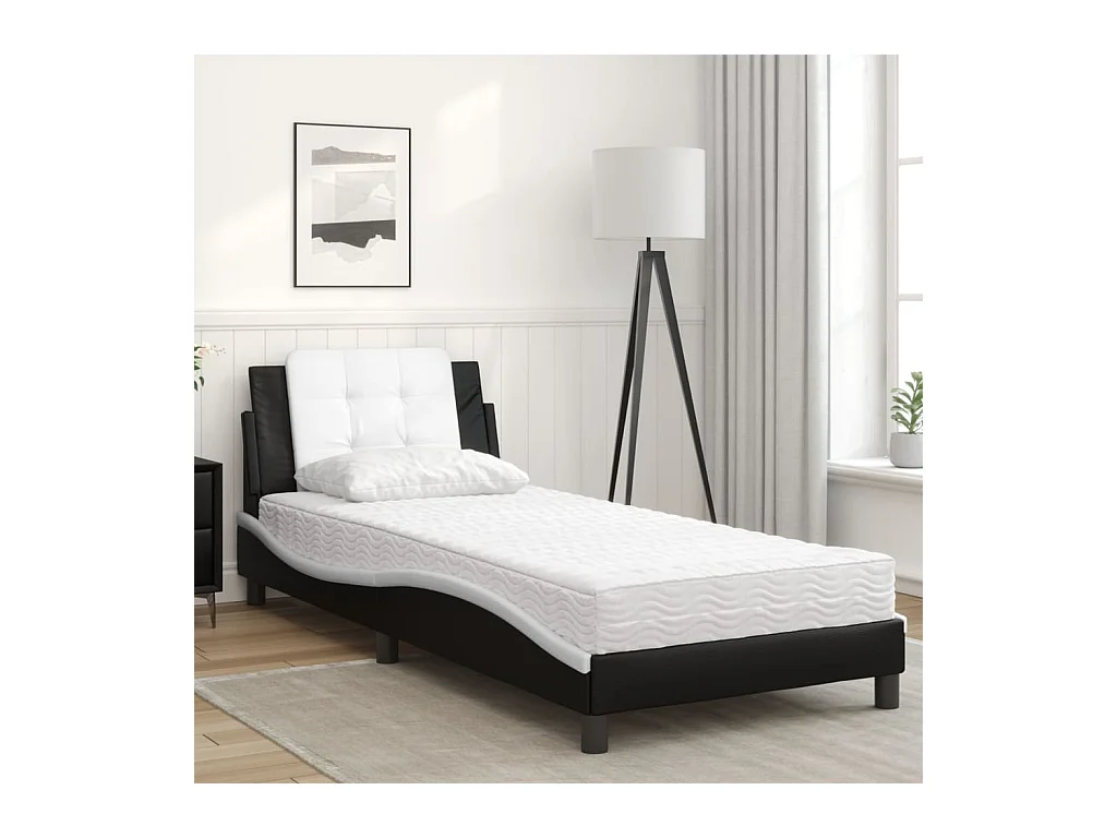 Lit adulte + matelas noir et blanc 90x190 cm similicuir FR88161
