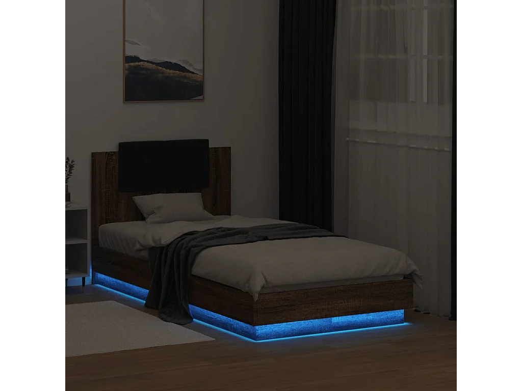 Cama individual- 90x190 cm cabecero luces LED marrón roble ES164926