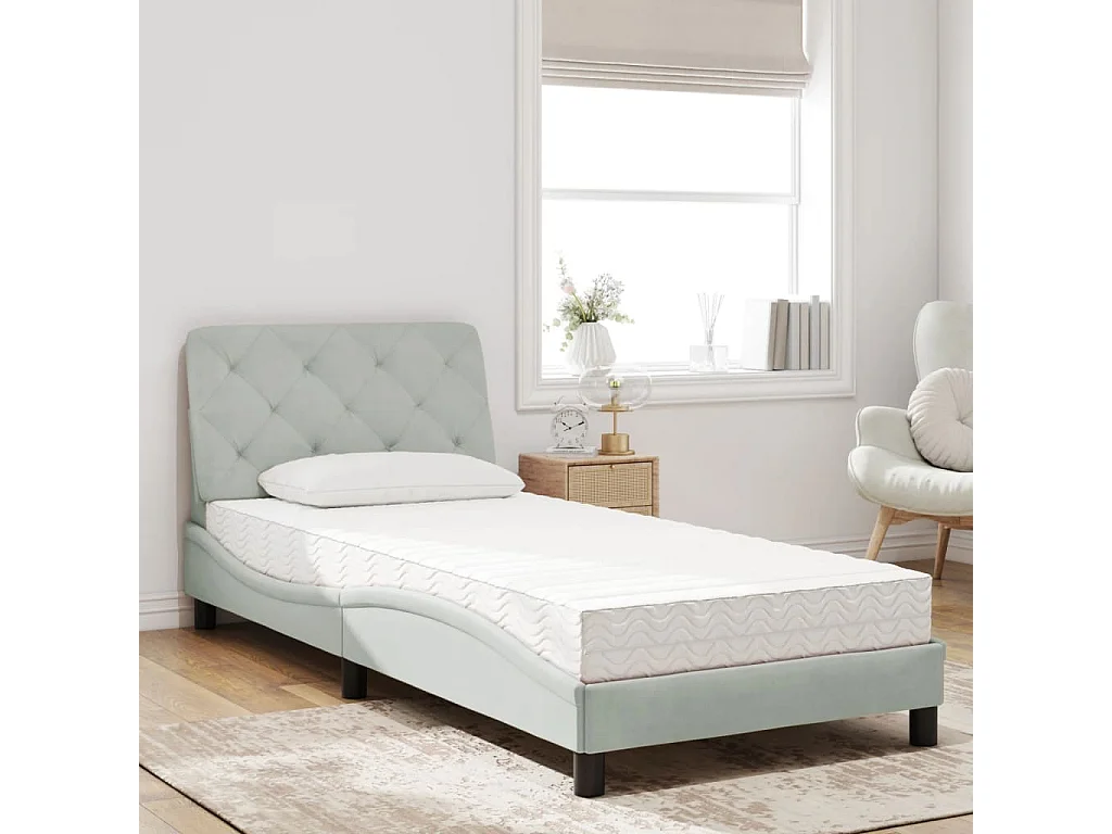 Lit adulte + matelas gris clair 90x190 cm velours FR75747