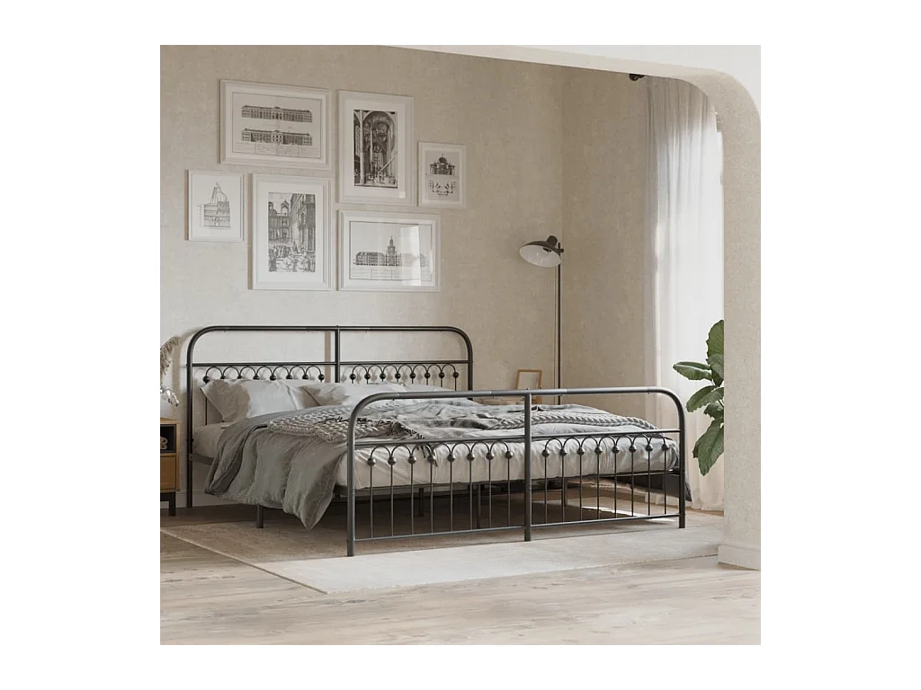 Lit double métal + tête de lit/pied de lit noir 183x203 cm FR91594