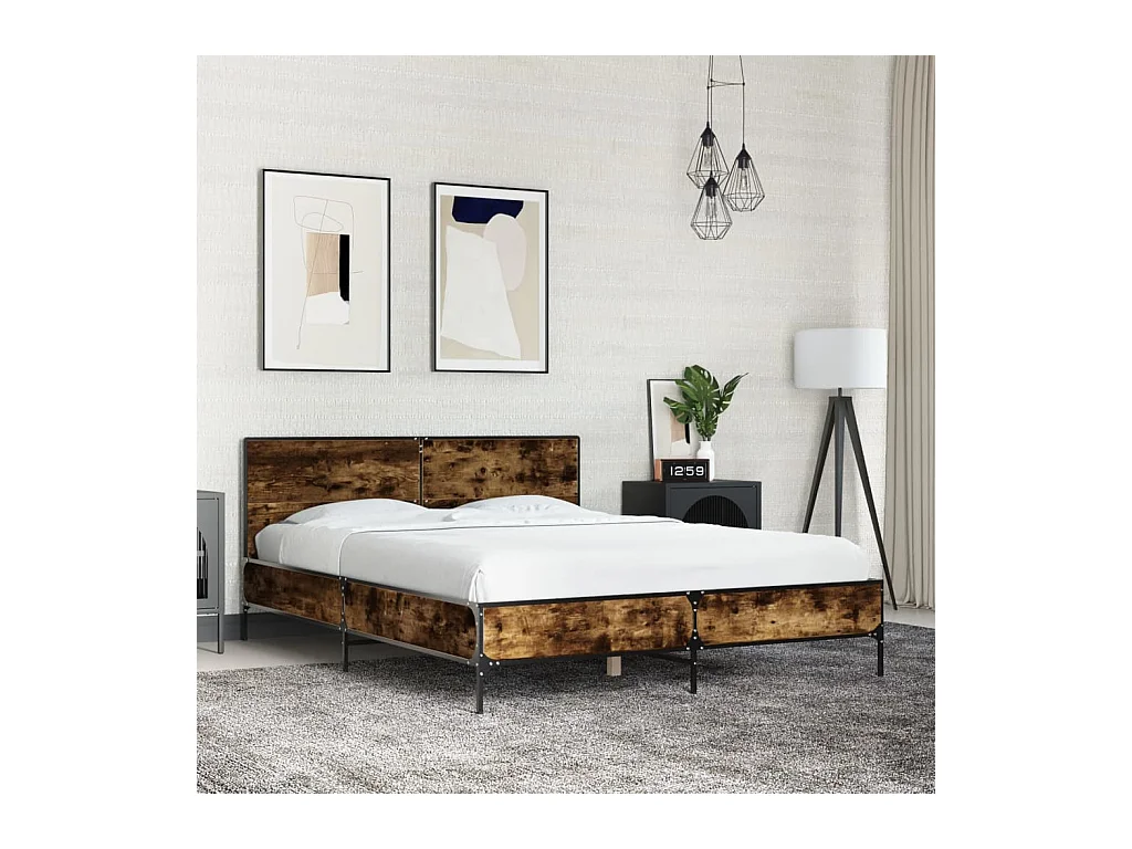 Lit double chêne fumé 140x190 cm bois d'ingénierie et métal FR17328