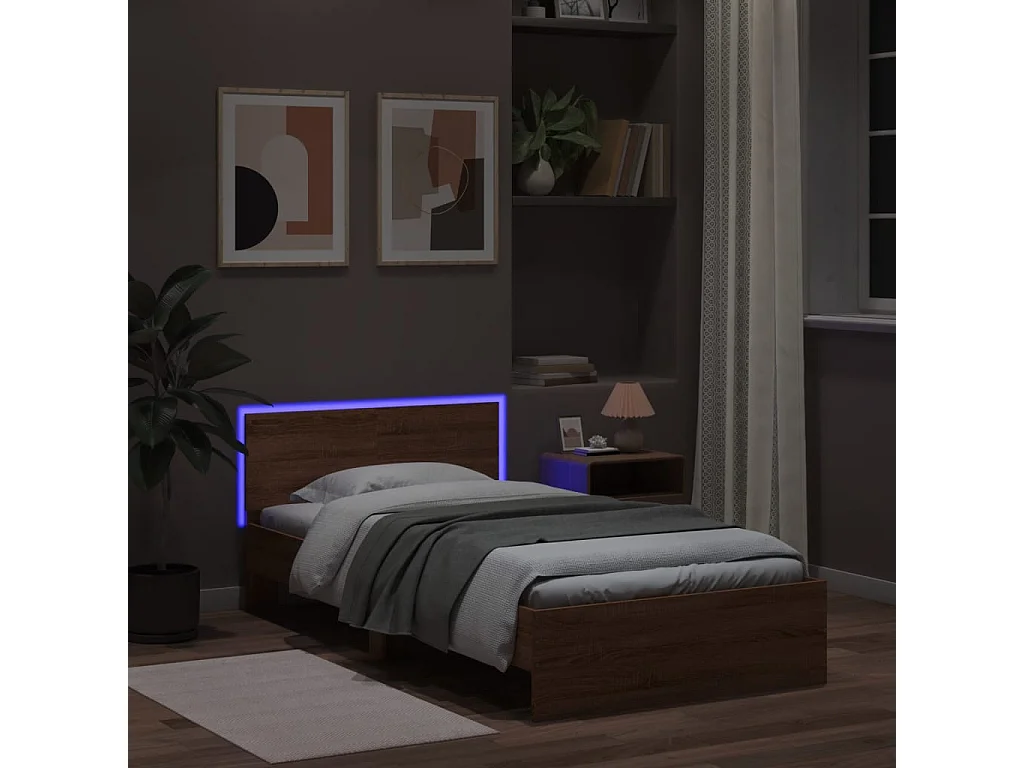 Lit simple tête de lit et lumières LED chêne marron 100x200cm FR46262