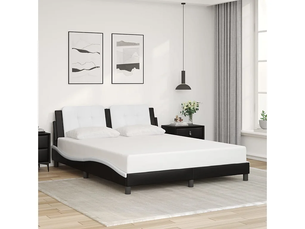 Lit double et tête de lit noir et blanc 160x200 cm similicuir FR67994