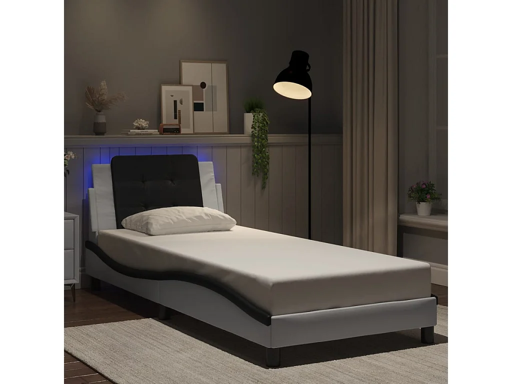 Lit simple avec lumières LED blanc noir 90x190 cm similicuir FR89461