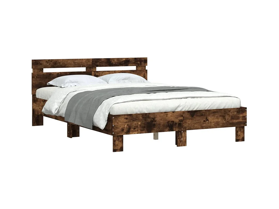 Lit double + tête de lit et LED chêne fumé 135x190 cm FR94683