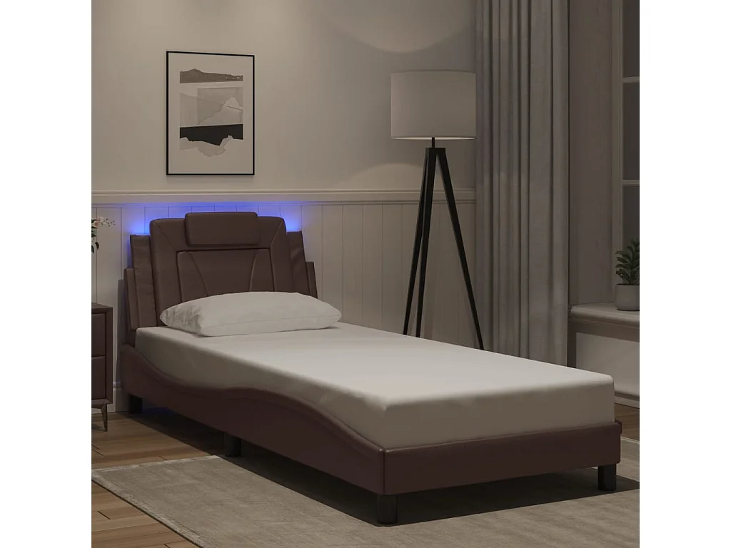 Cama c/ luzes LED 90x200 cm couro artificial castanho PT623461