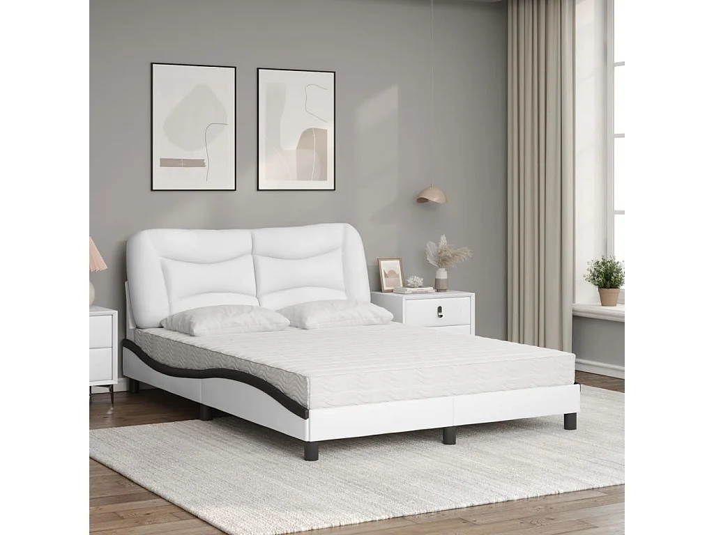 Lit adulte + matelas blanc et noir 140x190 cm similicuir FR34097