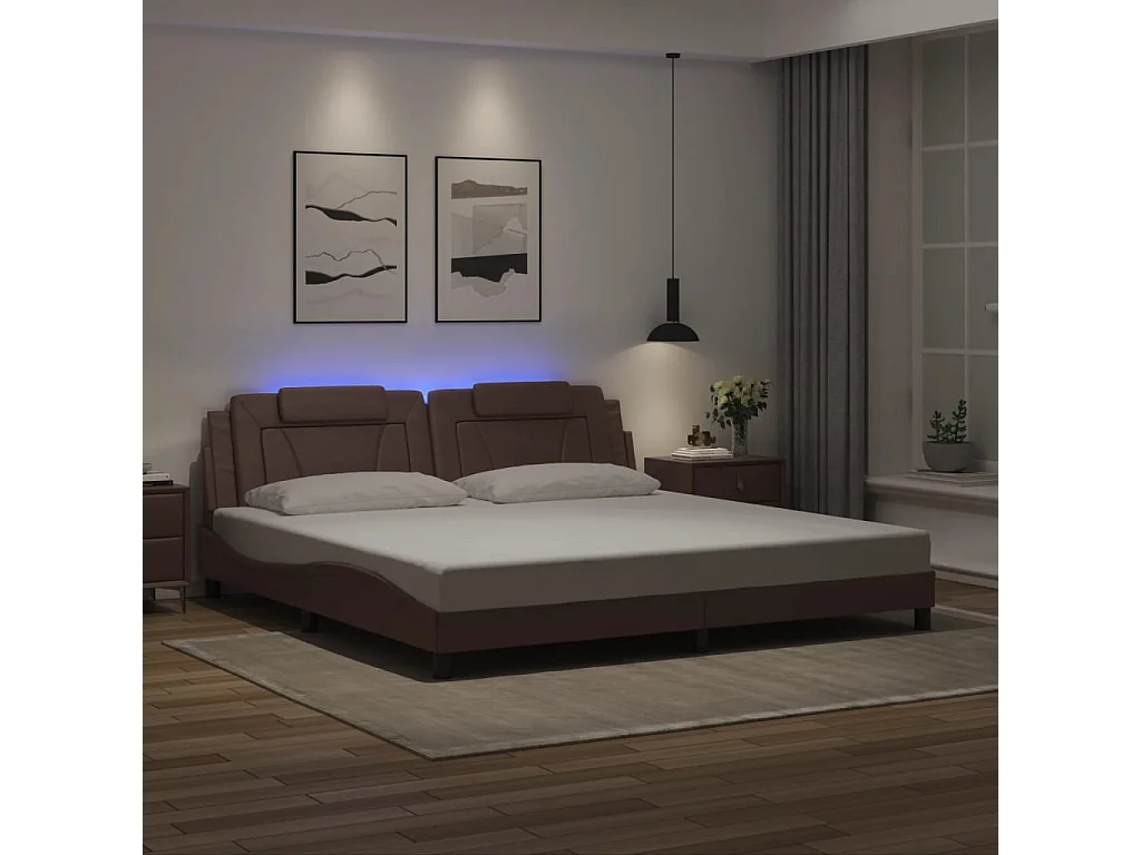 Lit double avec lumières LED marron 200x200 cm similicuir FR24040