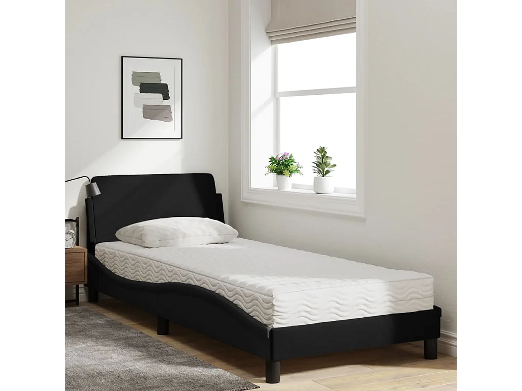 Lit adulte + matelas noir 90x200 cm tissu FR27143