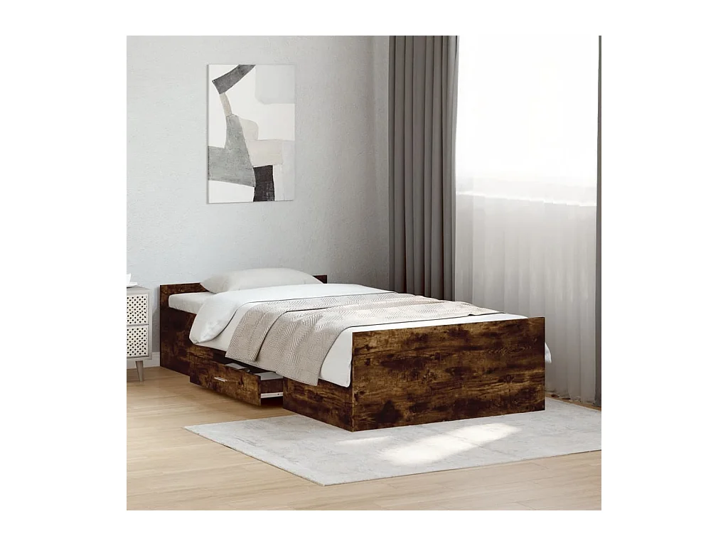 Lit simple et tiroirs chêne fumé 100x200 cm bois d'ingénierie FR61459