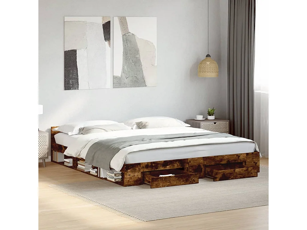 Bedframe met lades bewerkt hout gerookt eikenkleurig 200x200 cm BE711135