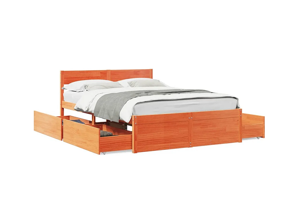 Lit double avec tiroirs cire marron 140x190cm bois pin massif FR27174