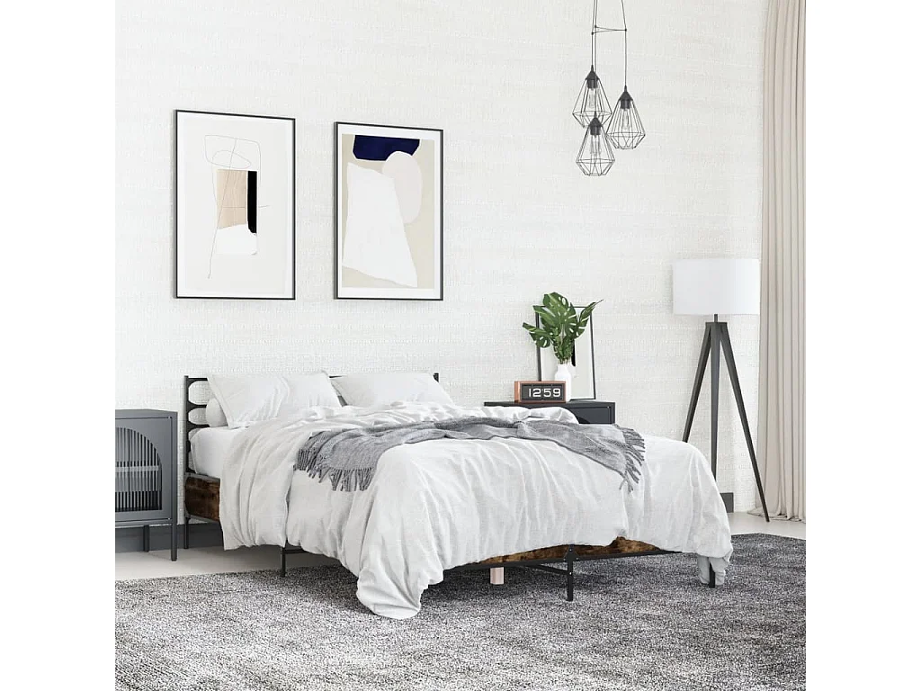 Lit double chêne fumé 120x200 cm bois d'ingénierie et métal FR56177