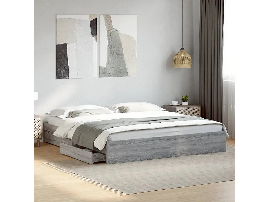 Cama 200x200 cm con cajones madera ingeniería gris Sonoma ES591834