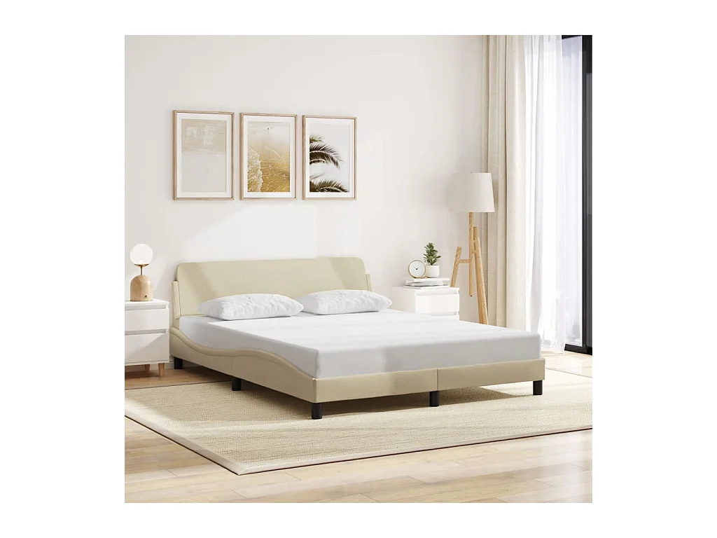 Lit double + tête de lit Crème 160 x 200 cm Tissu FR56993