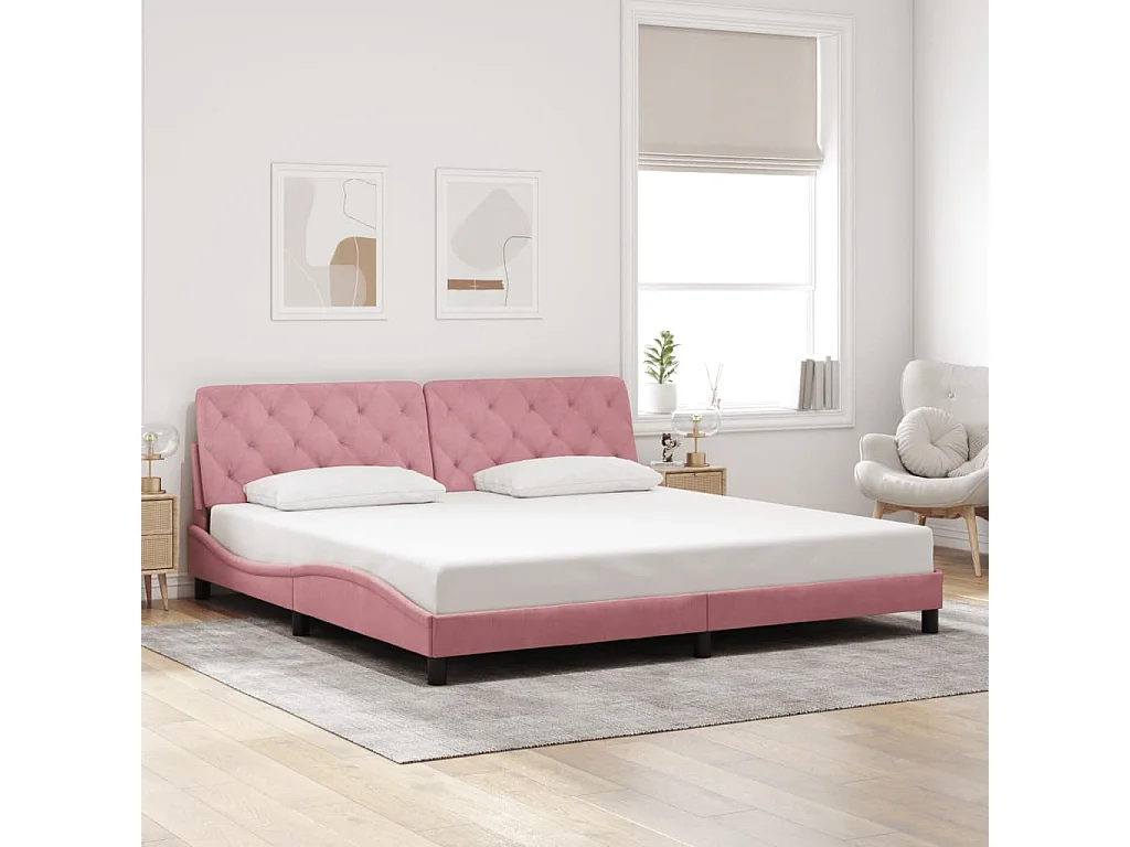 Cama matrimonial- 200x200 cm con luces LED terciopelo rosa ES280908