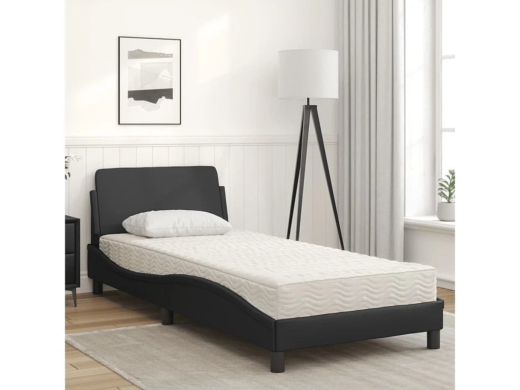 Lit adulte + matelas noir 90x190 cm similicuir FR11454
