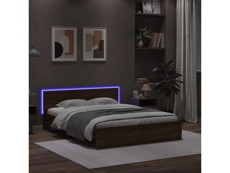 Cama matrimonial- 160x200 cm cabecero y luces LED marrón roble ES310762