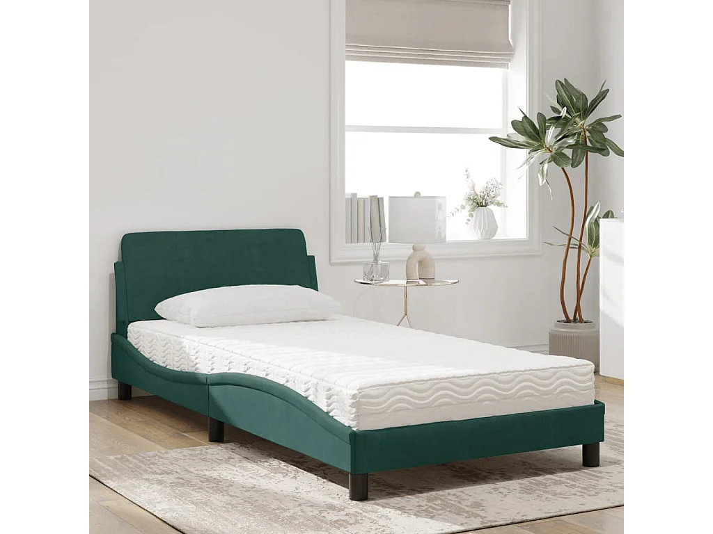 Lit adulte + matelas vert foncé 100x200 cm velours FR27874