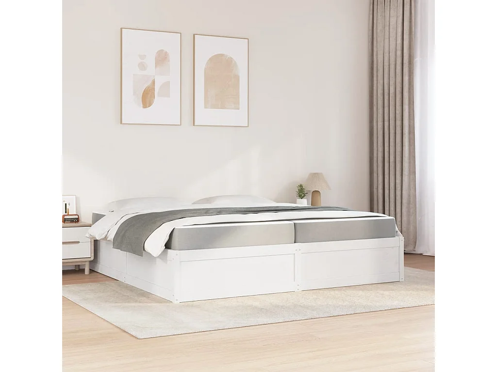 Lit adulte + matelas blanc 200x200 cm bois massif de pin FR90612