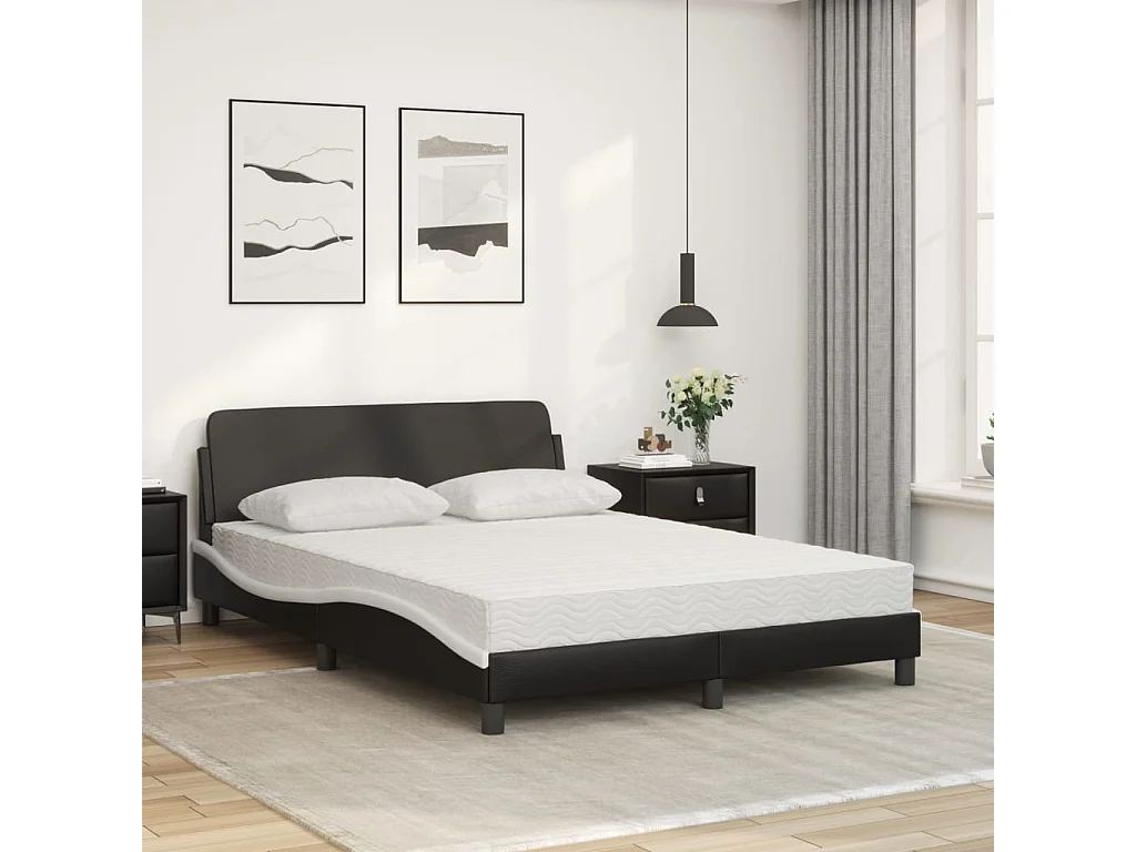 Lit adulte + matelas noir et blanc 140x190 cm similicuir FR37299