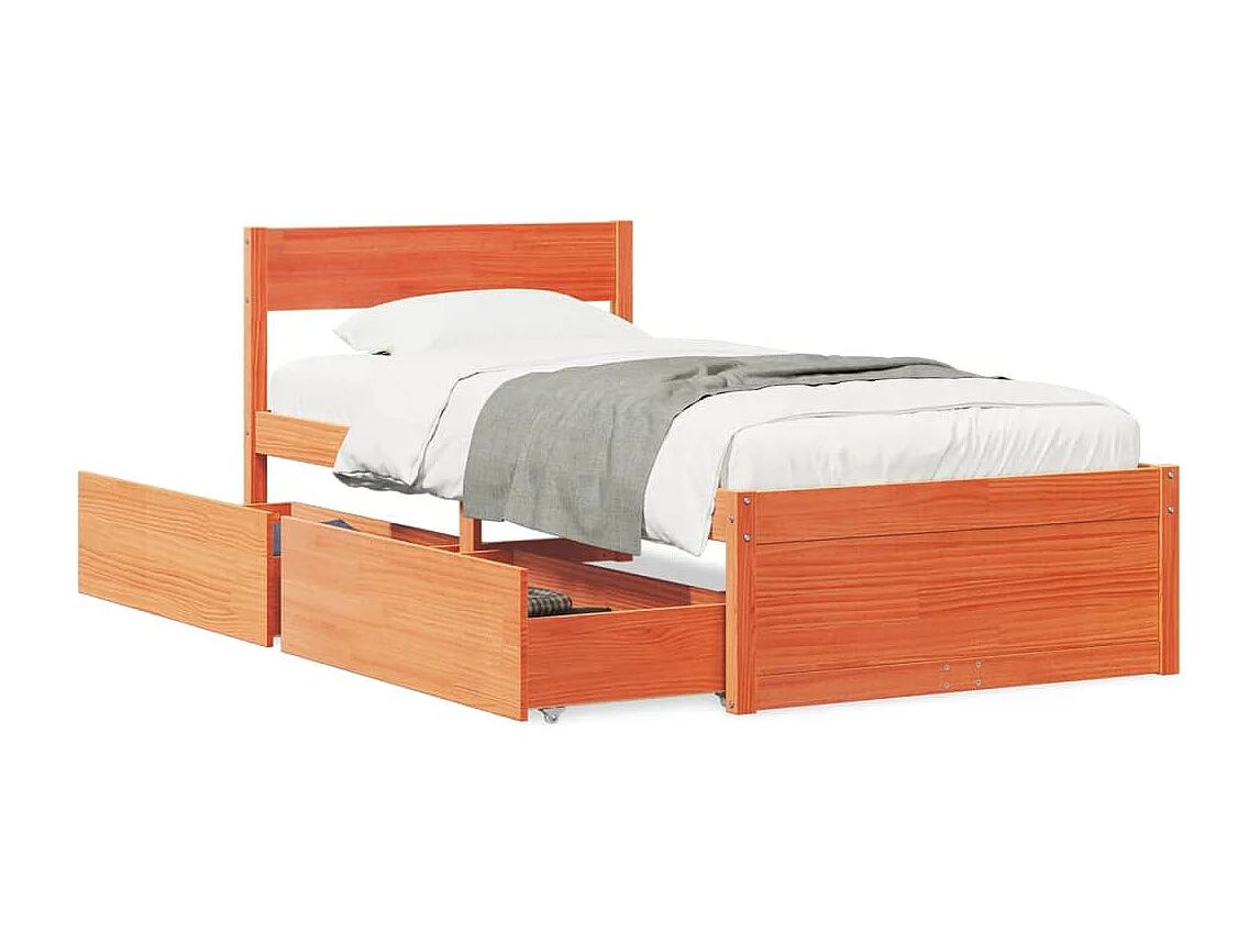 Lit simple avec tiroirs cire marron 90x200 cm bois pin massif FR30164