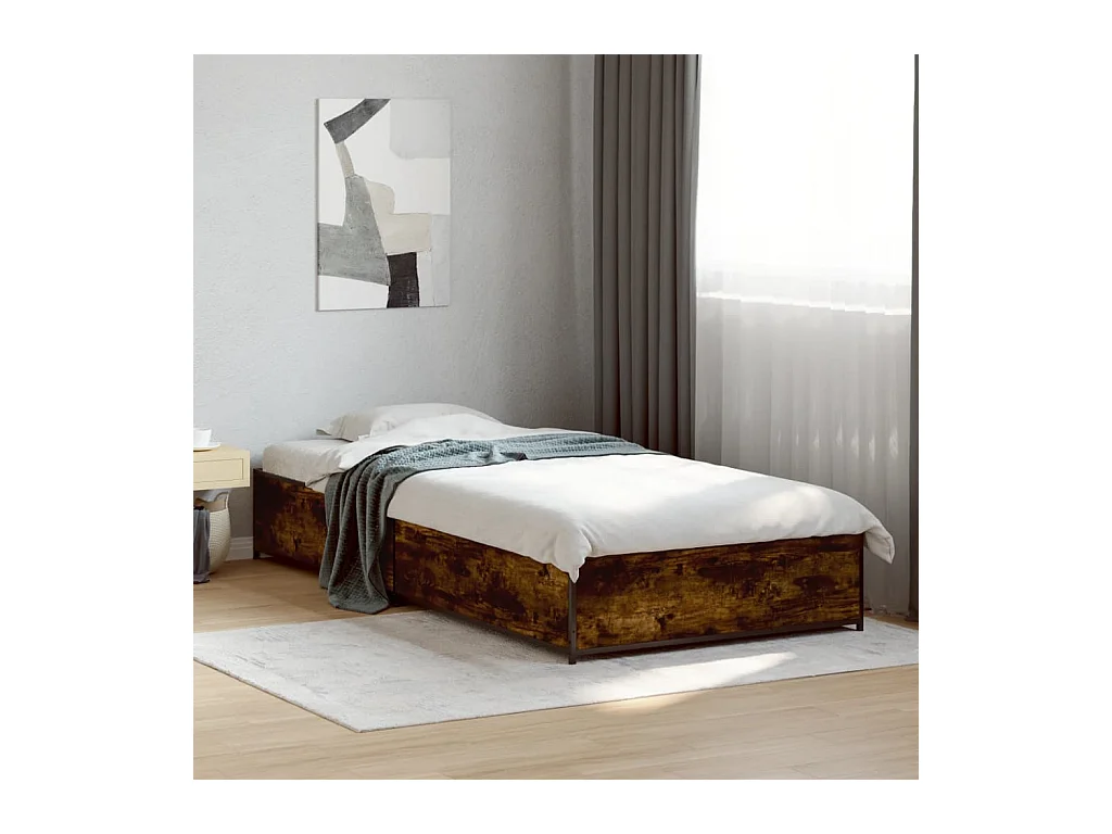 Lit simple chêne fumé 100x200 cm bois d'ingénierie et métal FR98080