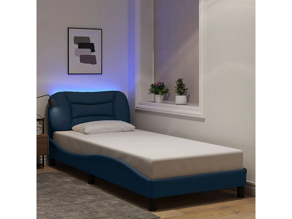 Lit simple avec lumières LED bleu 90x200 cm tissu FR38804