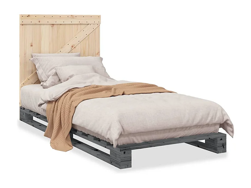 Lit simple + tête de lit gris 90x200 cm bois de pin massif FR31452